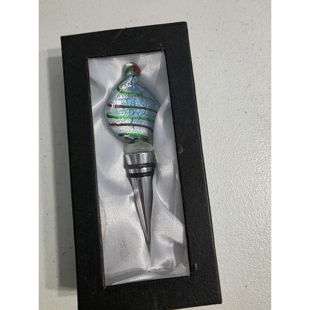 Art Glass Wine Bottle Stopper Blue Silver Stripped Swirl Red Tip 4.5" New In Box